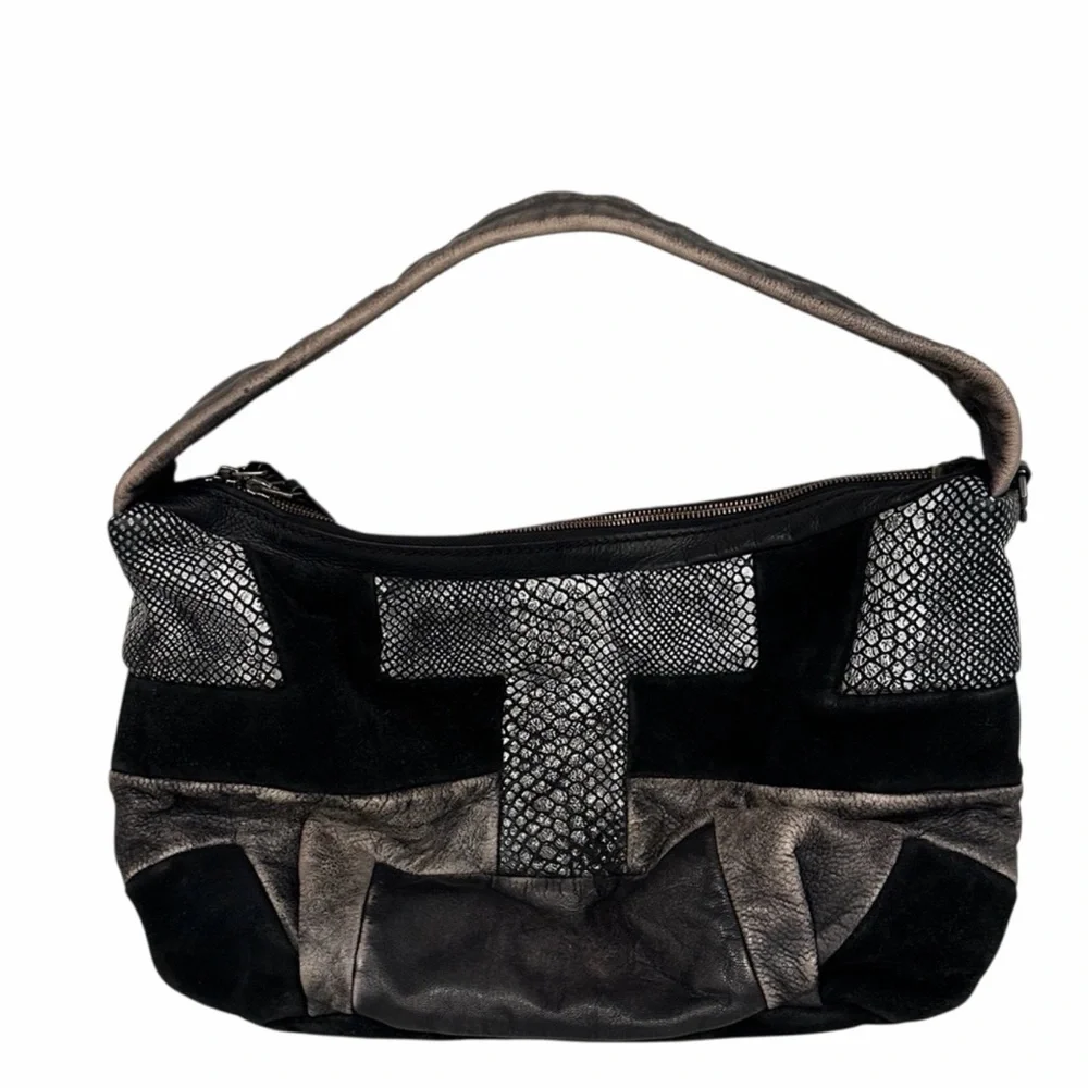 Liebeskind Irvine Hobo Bag Black Gray Leather Alligator Embossed Slouchy Luxe